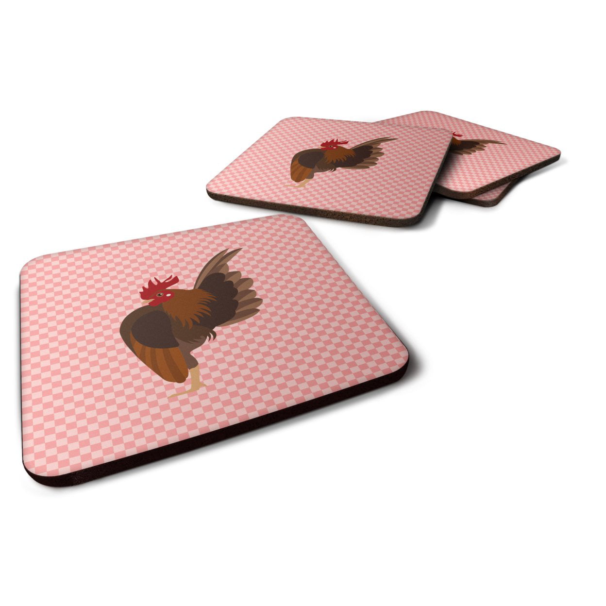 BB7842FC Malaysian Serama Chicken Pink Check Foam Coaster, Set of 4
