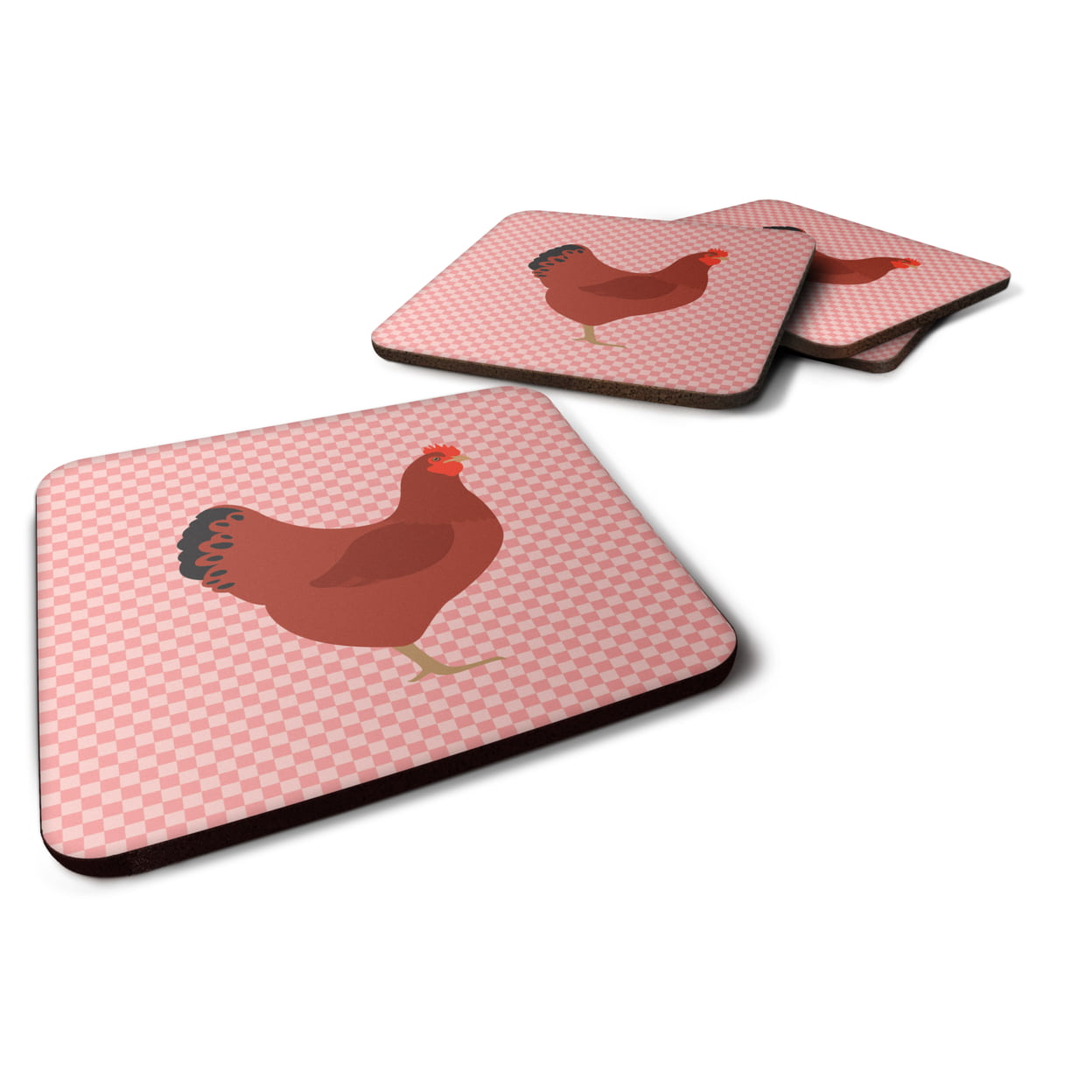 BB7843FC New Hampshire Red Chicken Pink Check Foam Coaster, Set of 4