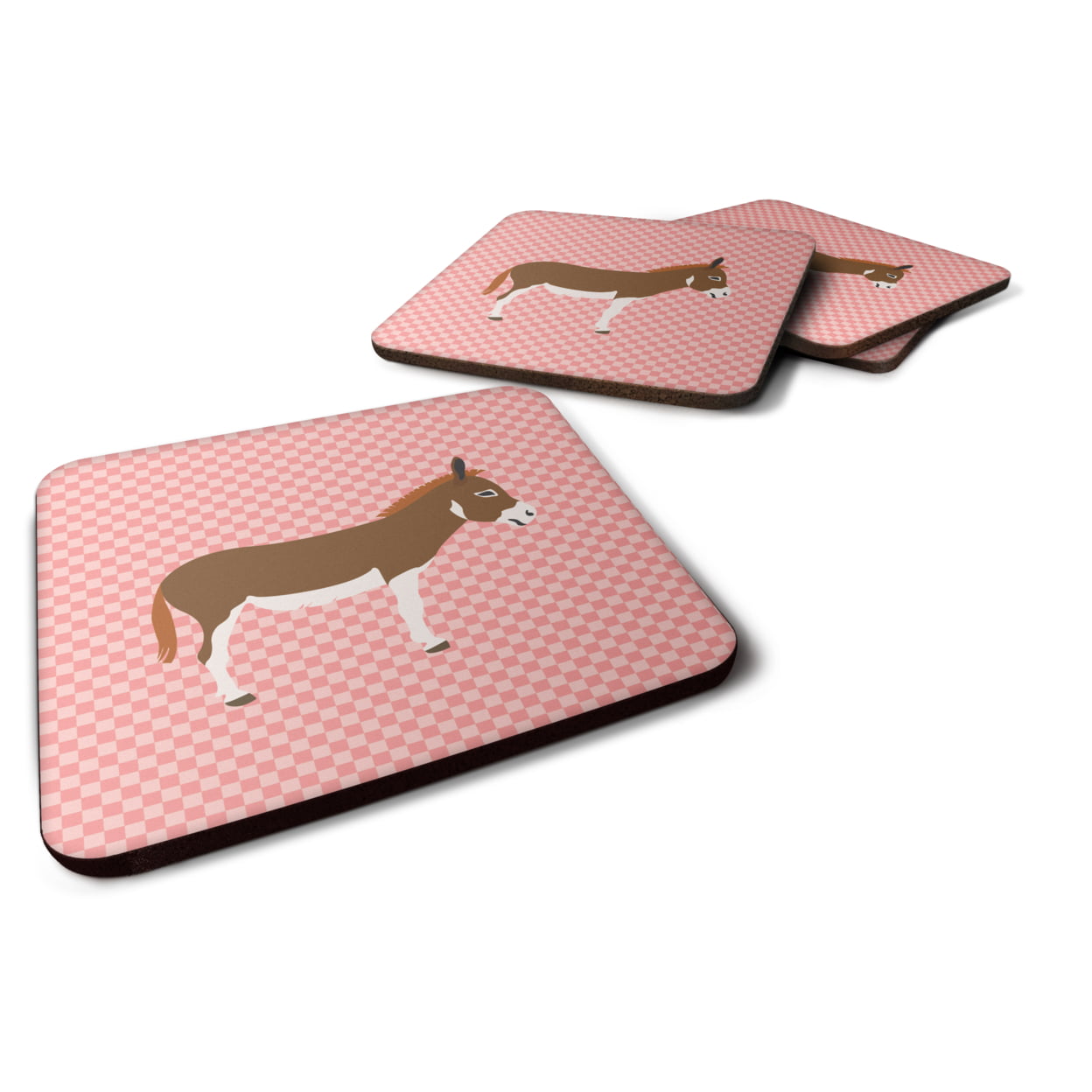 BB7847FC Miniature Mediterranian Donkey Pink Check Foam Coaster, Set of 4