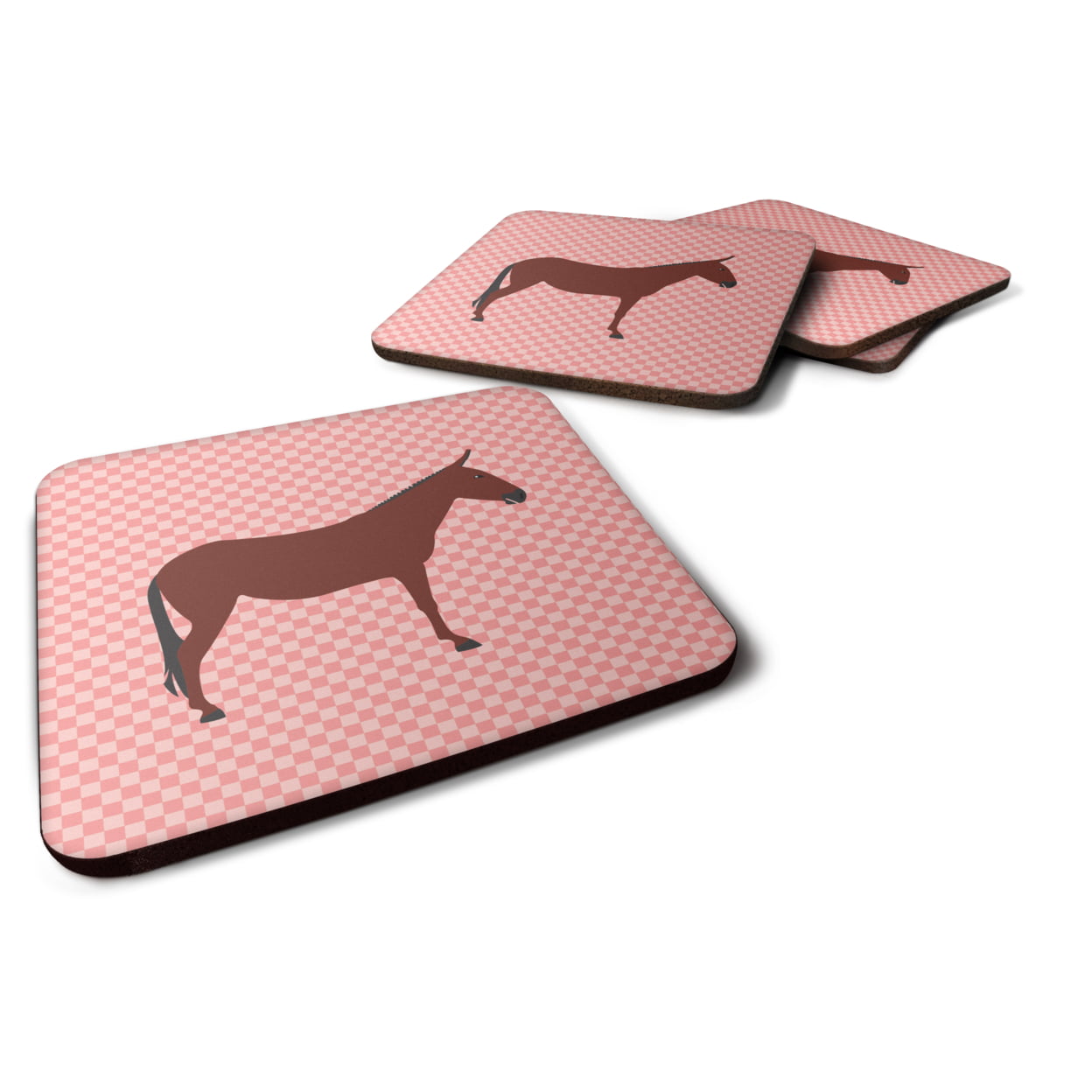 Hinny Horse Donkey Pink Check Foam Coaster - Pink