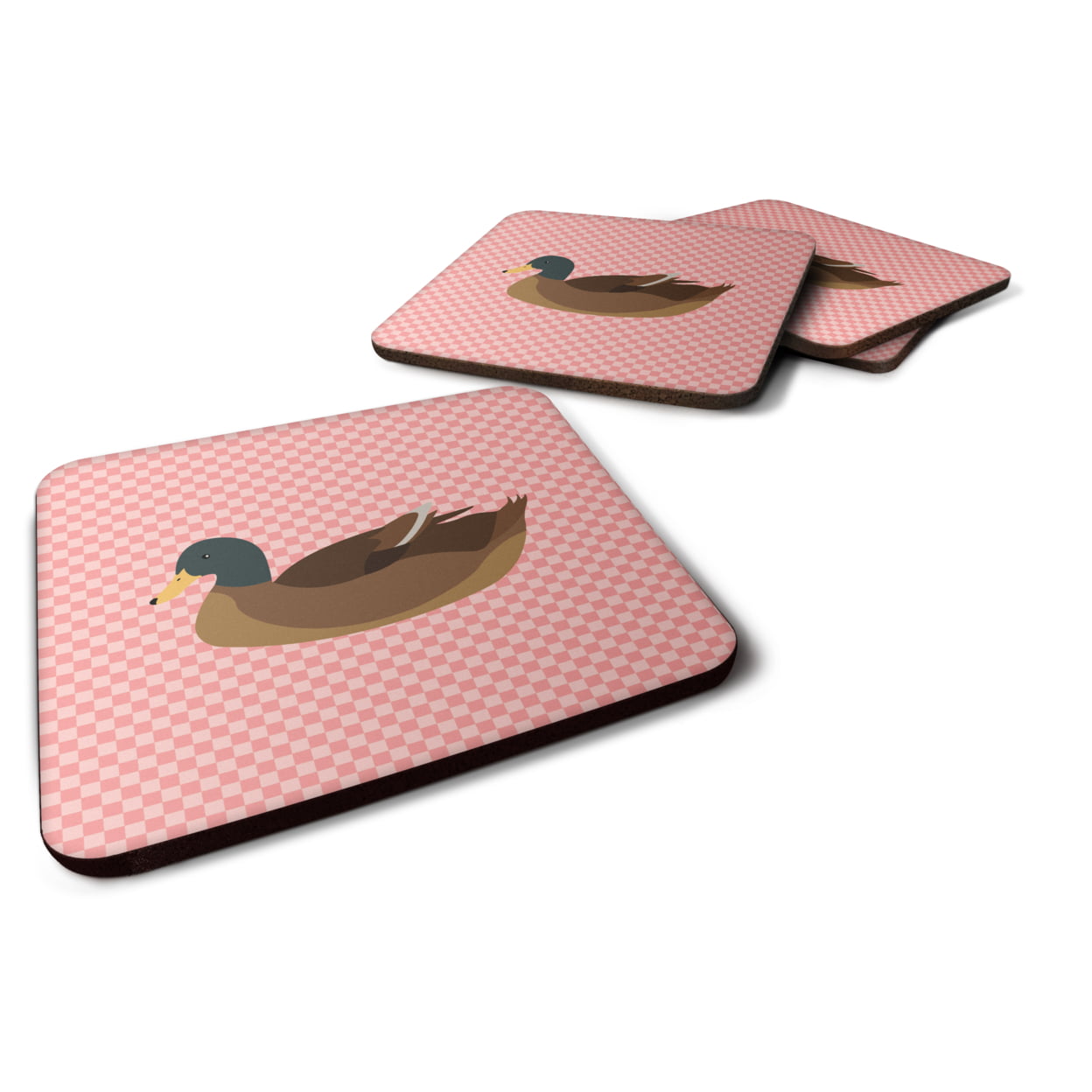 BB7866FC Khaki Campbell Duck Pink Check Foam Coaster, Set of 4