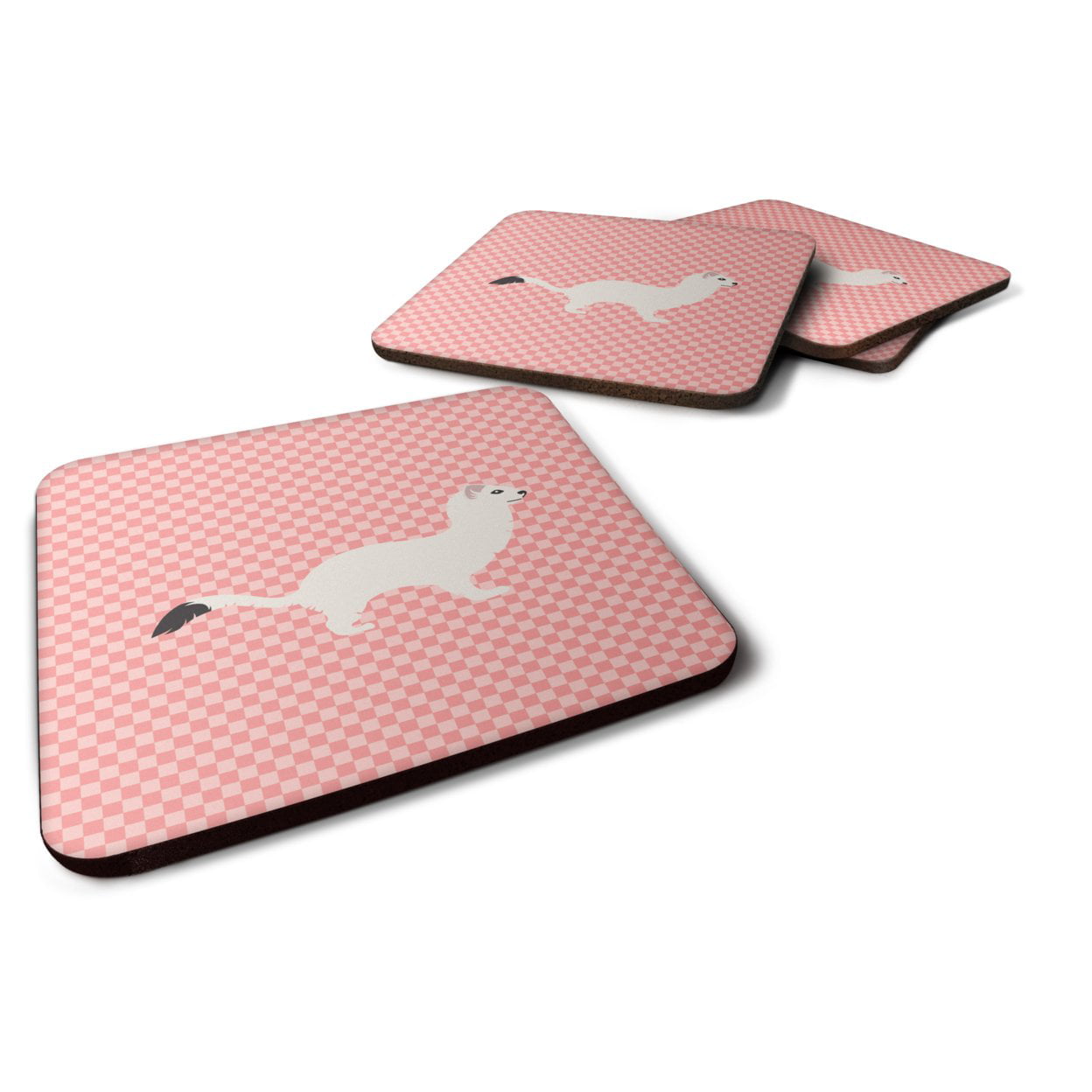 Stoat Short-Tailed Weasel Pink Check Foam Coaster, Set of 4