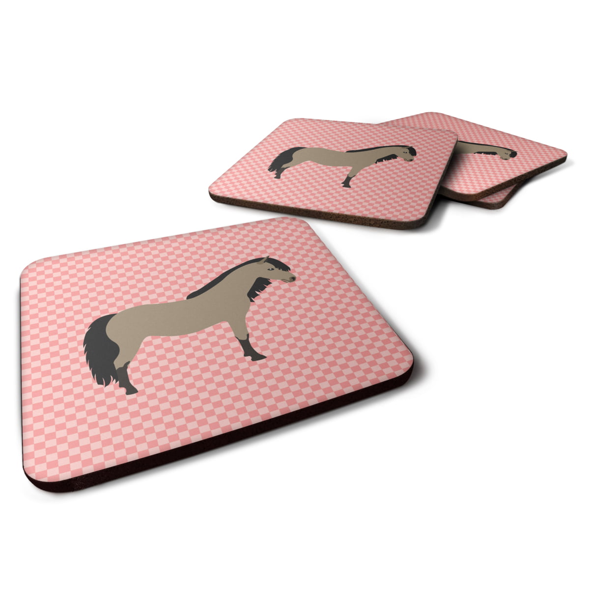 BB7910FC Welsh Pony Horse Pink Check Foam Coaster, Set of 4