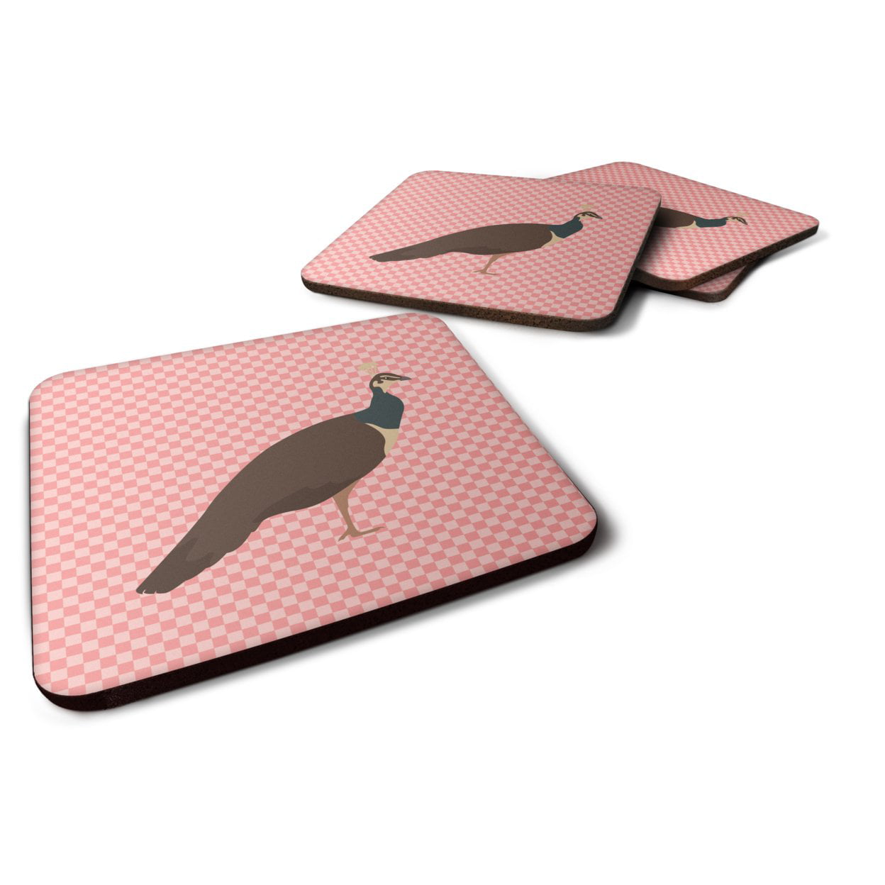 Indian Peahen Peafowl Pink Check Foam Coaster, Set of 4