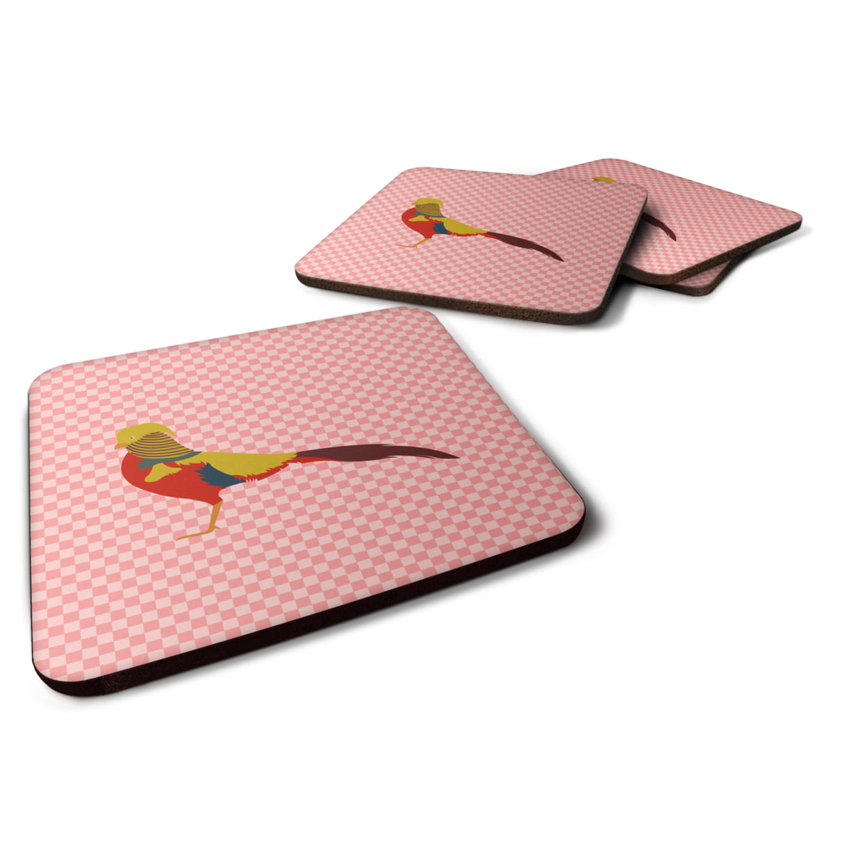 BB7928FC Golden or Chinese Pheasant Pink Check Foam Coaster, Set of 4