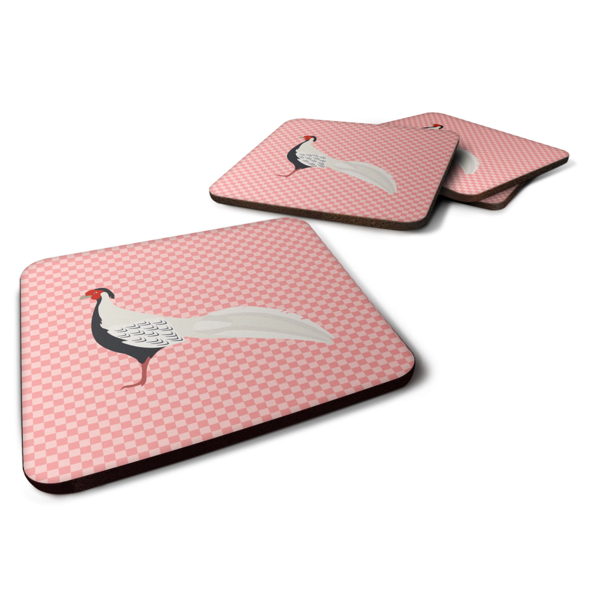 BB7929FC Silver Pheasant Pink Check Foam Coaster, Set of 4