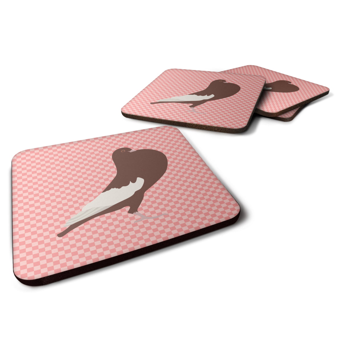 English Pouter Pigeon Pink Check Foam Coaster, Set of 4