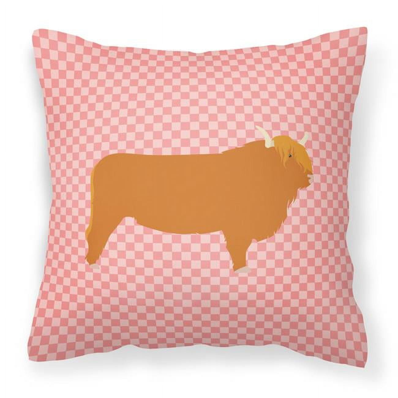 Highland Cow Pink Check Fabric Decorative Pillow - 18 x 18 in.