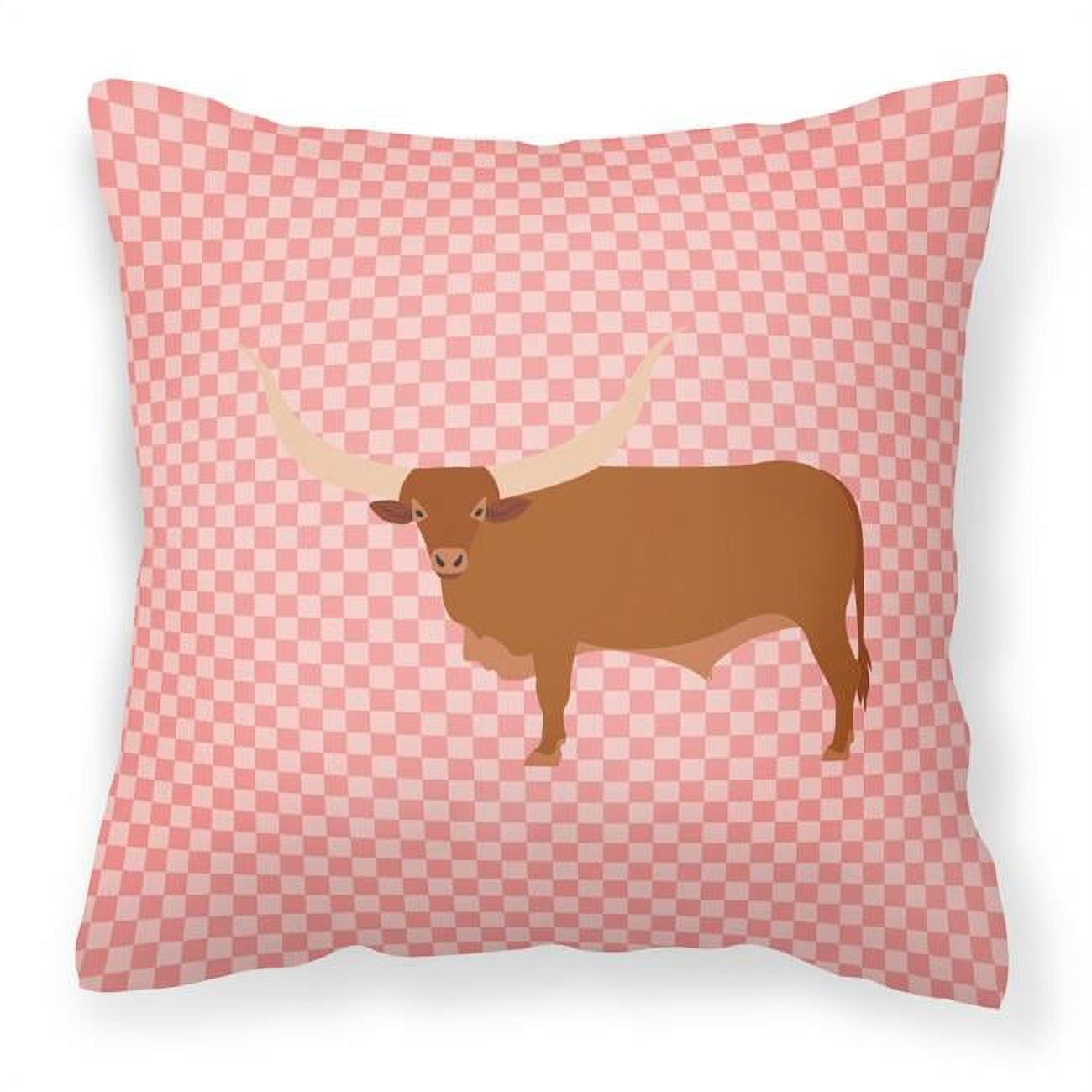Ankole-Watusu Cow Pink Check Fabric Decorative Pillow - 18 x 18 in.