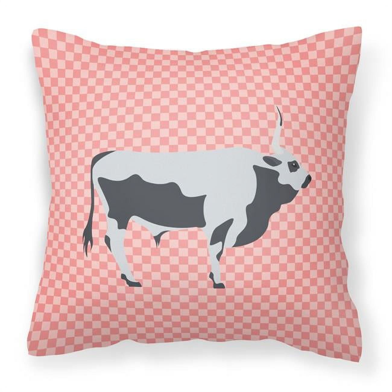Hungarian Grey Steppe Cow Pink Check Fabric Decorative Pillow - 18 x 18 in.