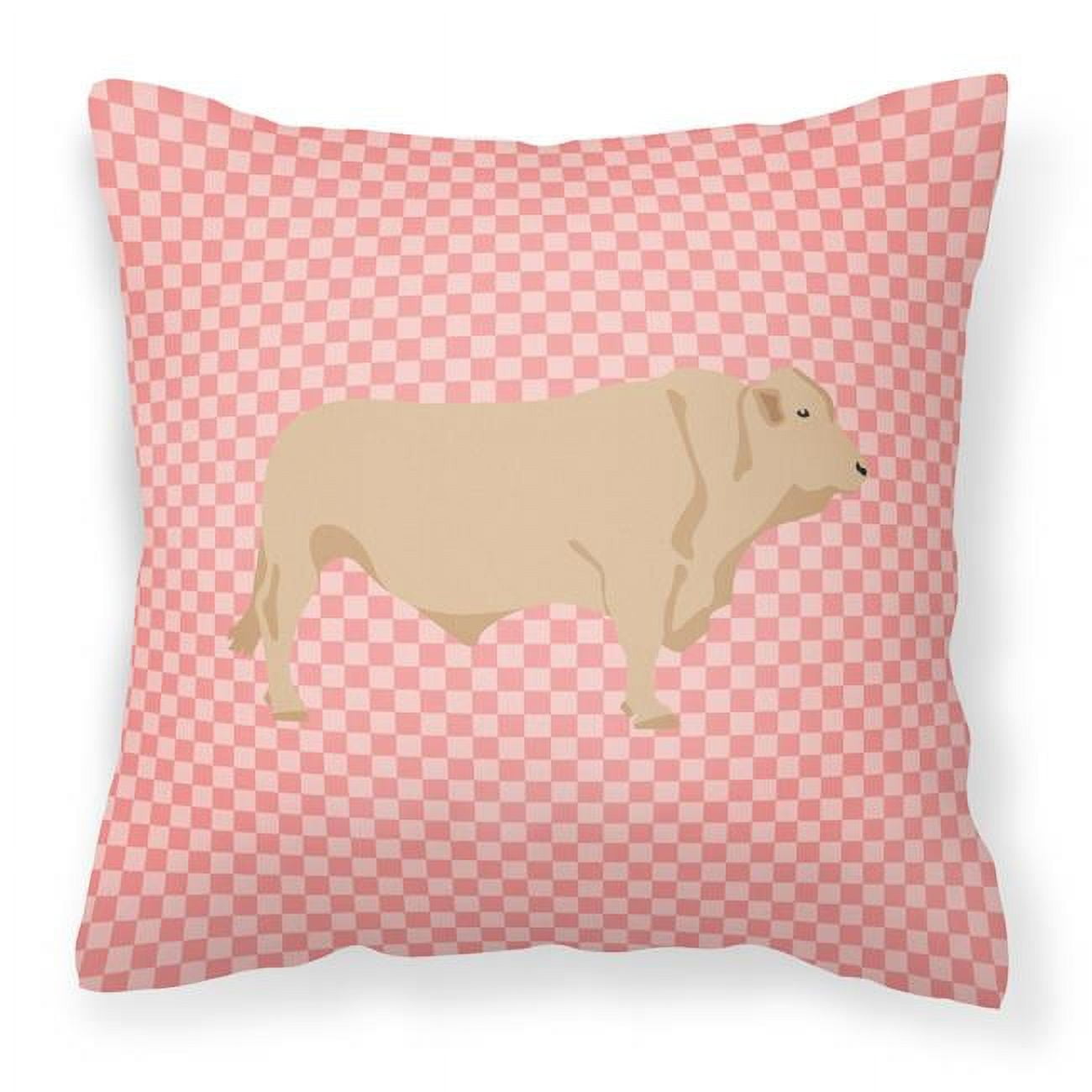 Charolais Cow Pink Check Fabric Decorative Pillow - 18 x 18 in.