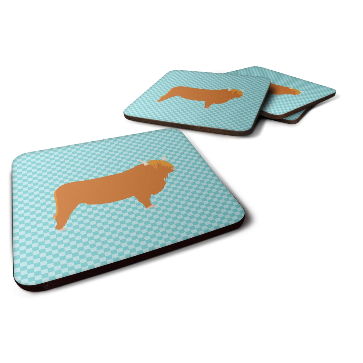 BB7994FC Highland Cow Blue Check Foam Coaster, Set of 4