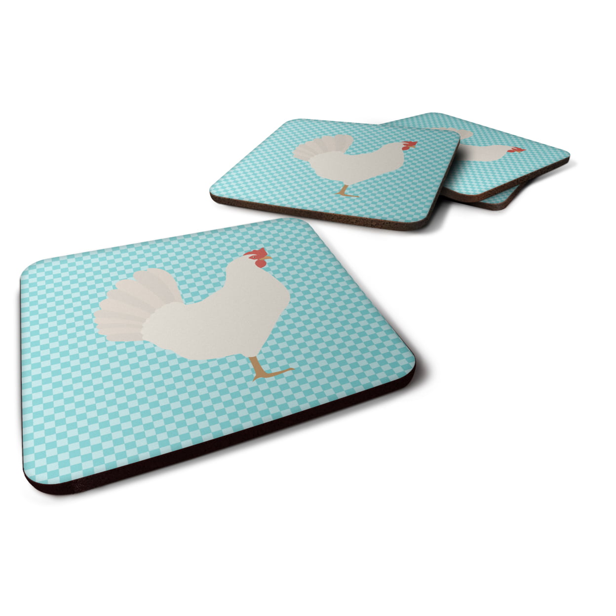 Leghorn Chicken Blue Check Foam Coaster, Set of 4