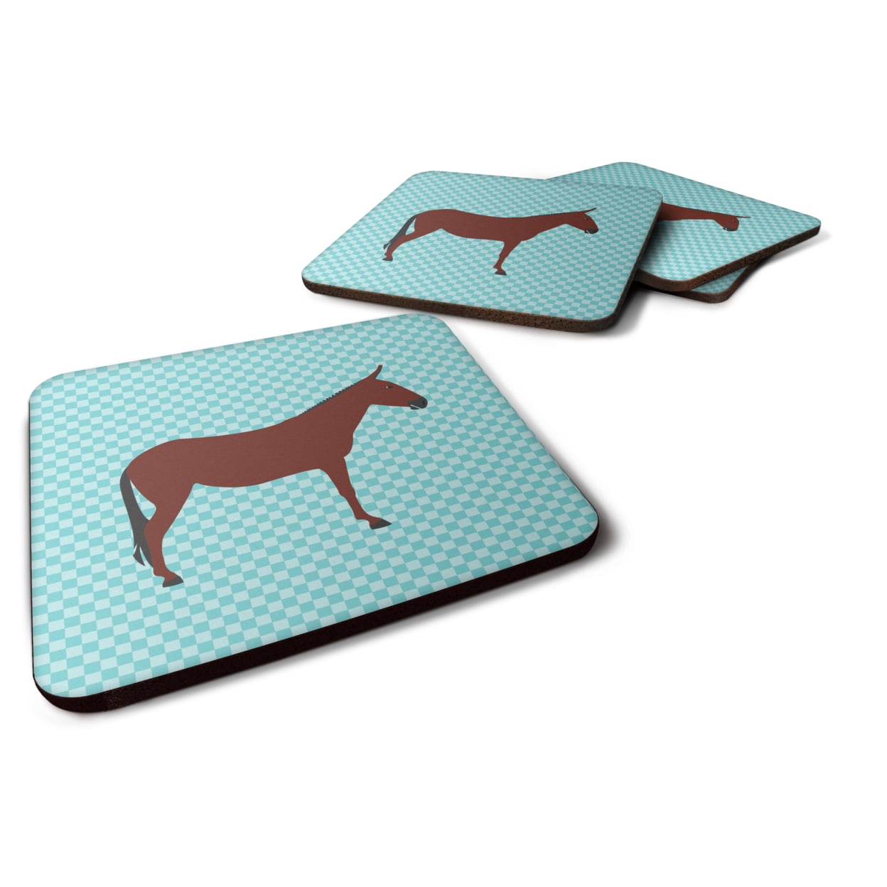Hinny Horse Donkey Blue Check Foam Coaster - Blue