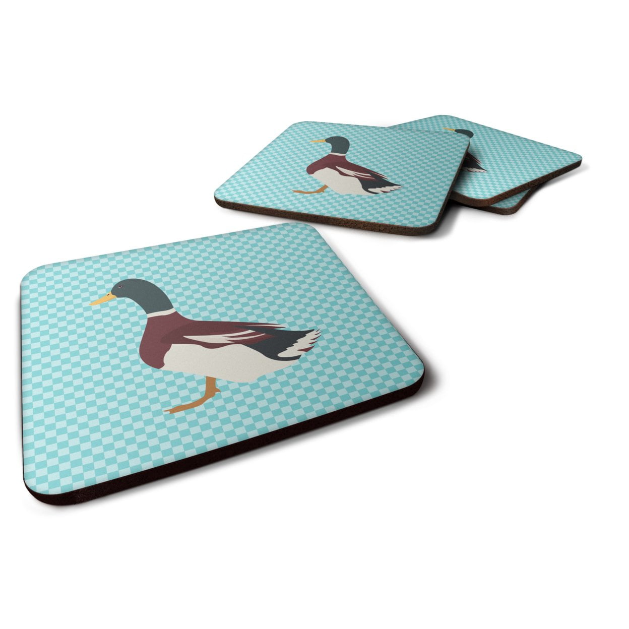 Rouen Duck Blue Check Foam Coaster, Set of 4
