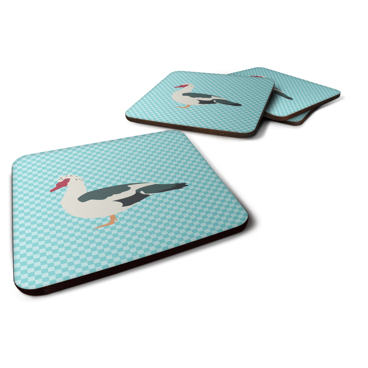 BB8038FC Muscovy Duck Blue Check Foam Coaster, Set of 4