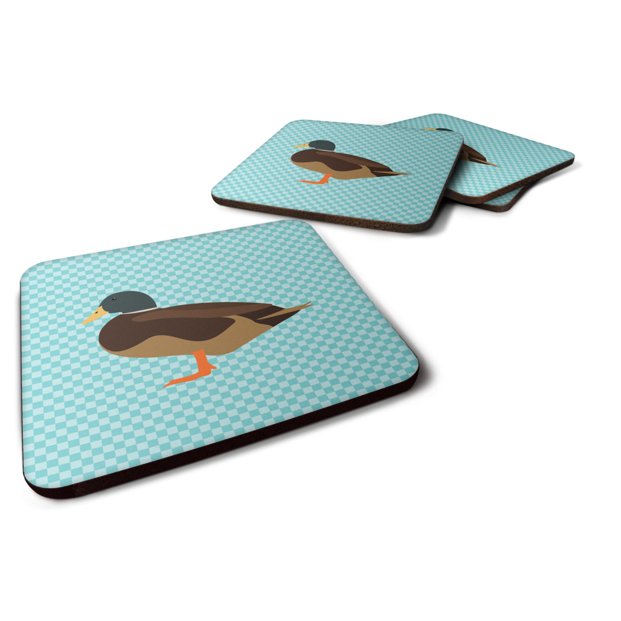 BB8041FC Silver Bantam Duck Blue Check Foam Coaster, Set of 4