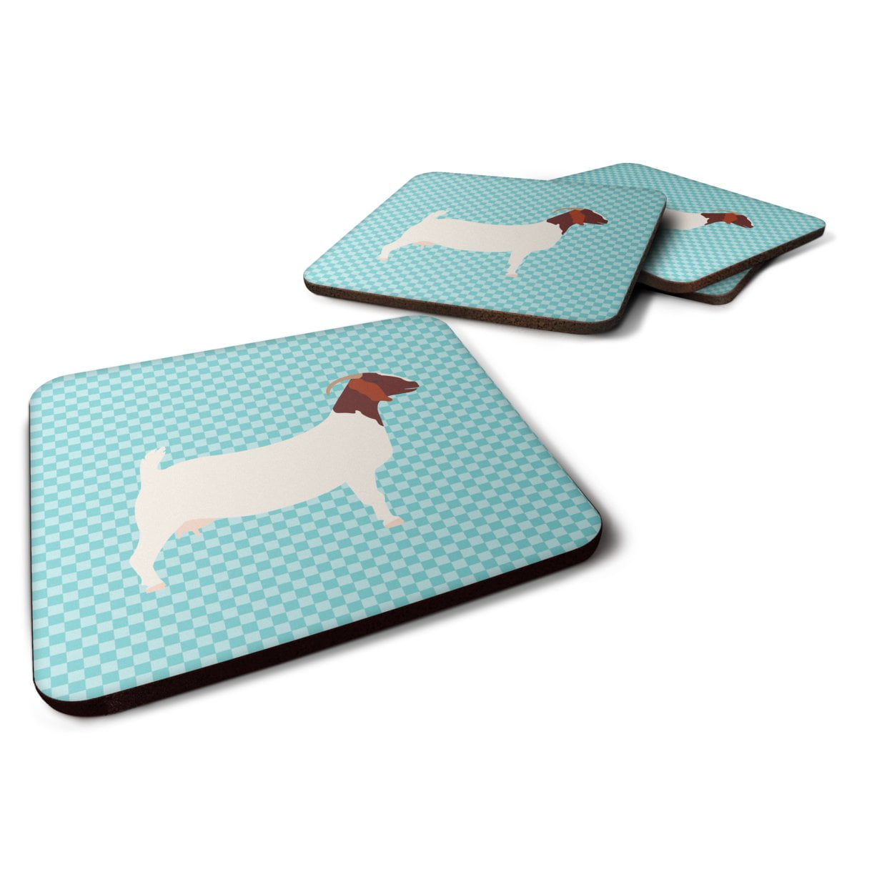 BB8060FC Boer Goat Blue Check Foam Coaster, Set of 4