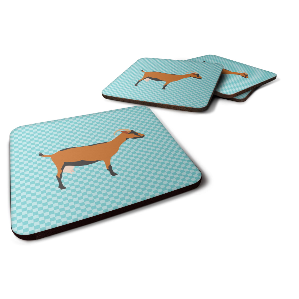BB8062FC Oberhasli Goat Blue Check Foam Coaster, Set of 4