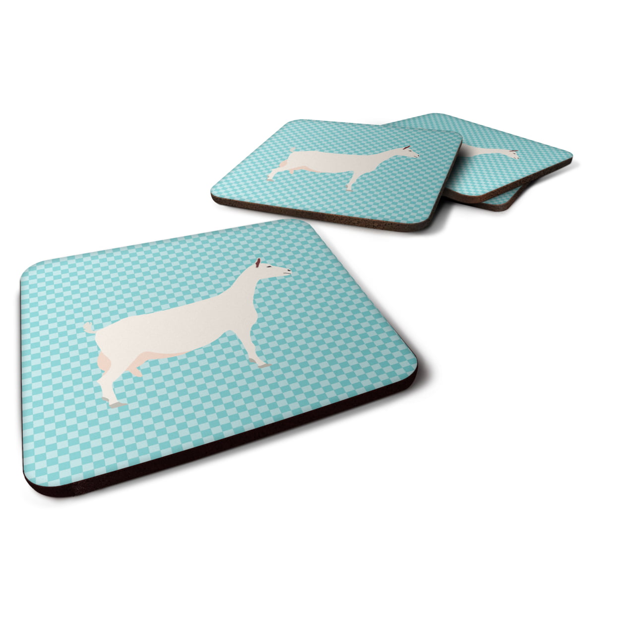 BB8063FC Saanen Goat Blue Check Foam Coaster, Set of 4