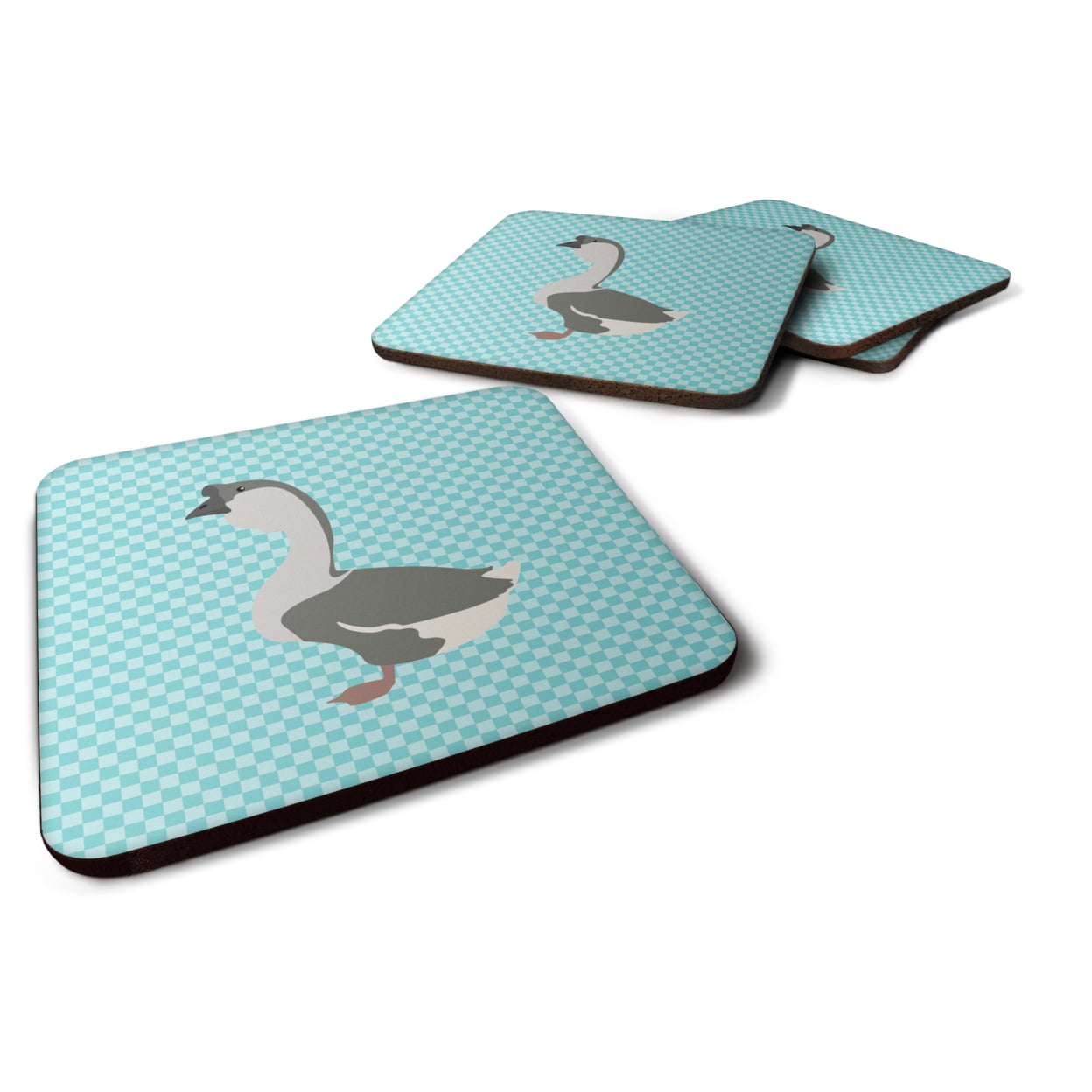 African Goose Blue Check Foam Coaster, Set of 4