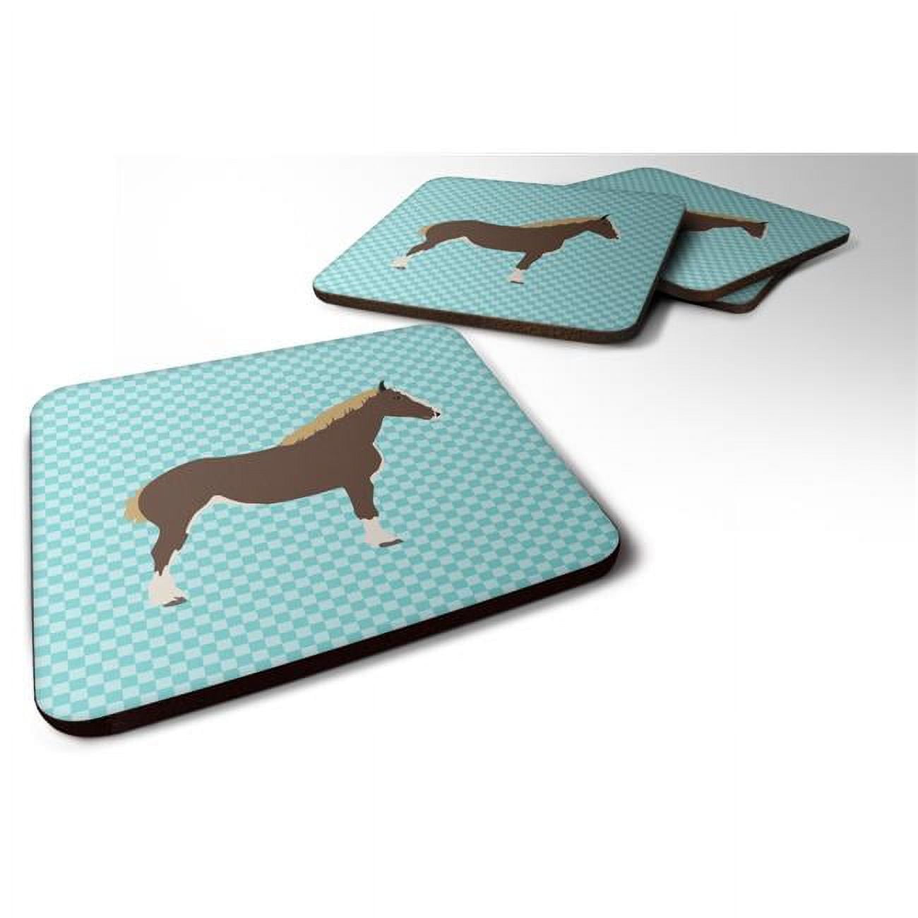 BB8080FC Percheron Horse Blue Check Foam Coaster, Set of 4
