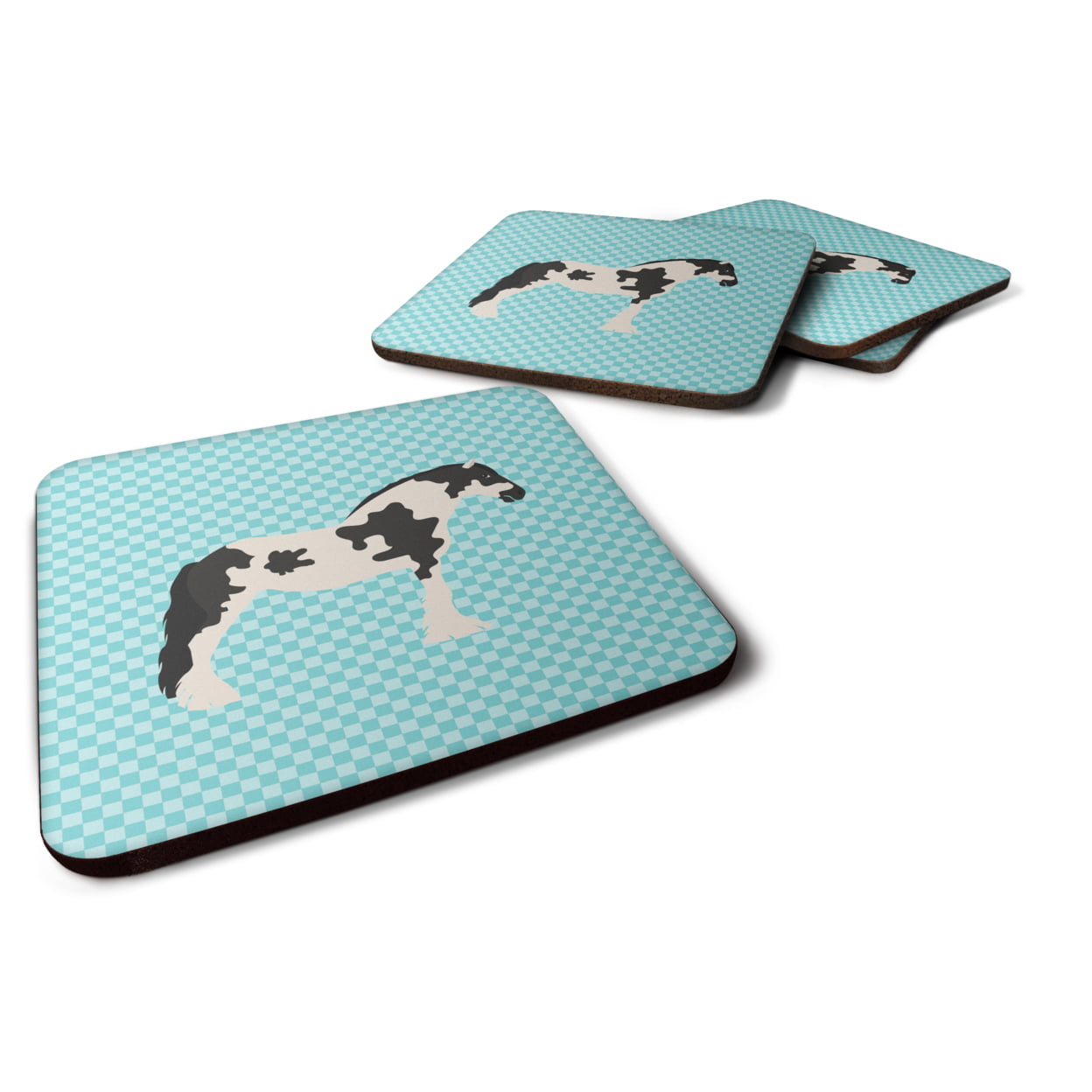 BB8086FC Cyldesdale Horse Blue Check Foam Coaster, Set of 4
