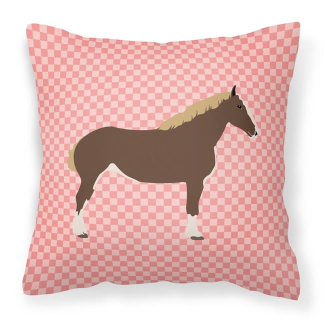 Percheron Horse Pink Check Fabric Decorative Pillow - 18 x 18 in.