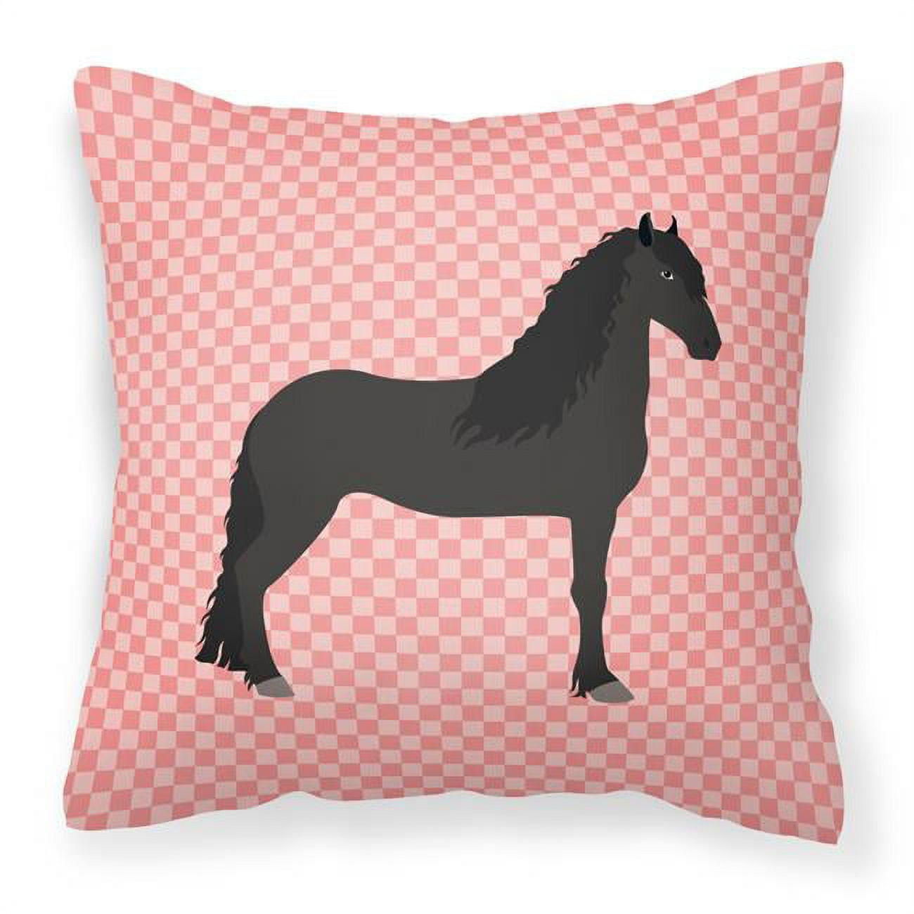Friesian Horse Pink Check Fabric Decorative Pillow - 18 x 18 in.