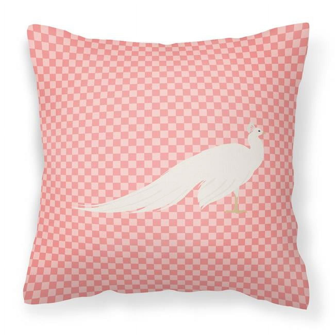 White Peacock Peafowl Pink Check Fabric Decorative Pillow - 18 x 18 in.