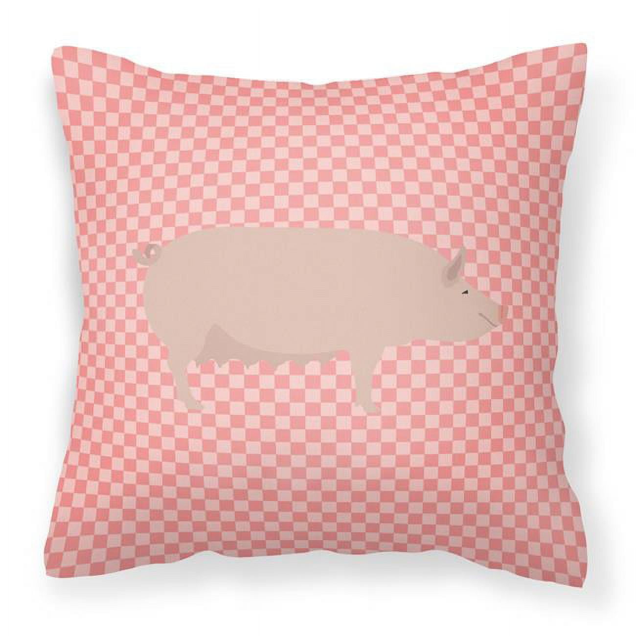 English Large White Pig Pink Check Fabric Decorative Pillow - 18 x 18 in.