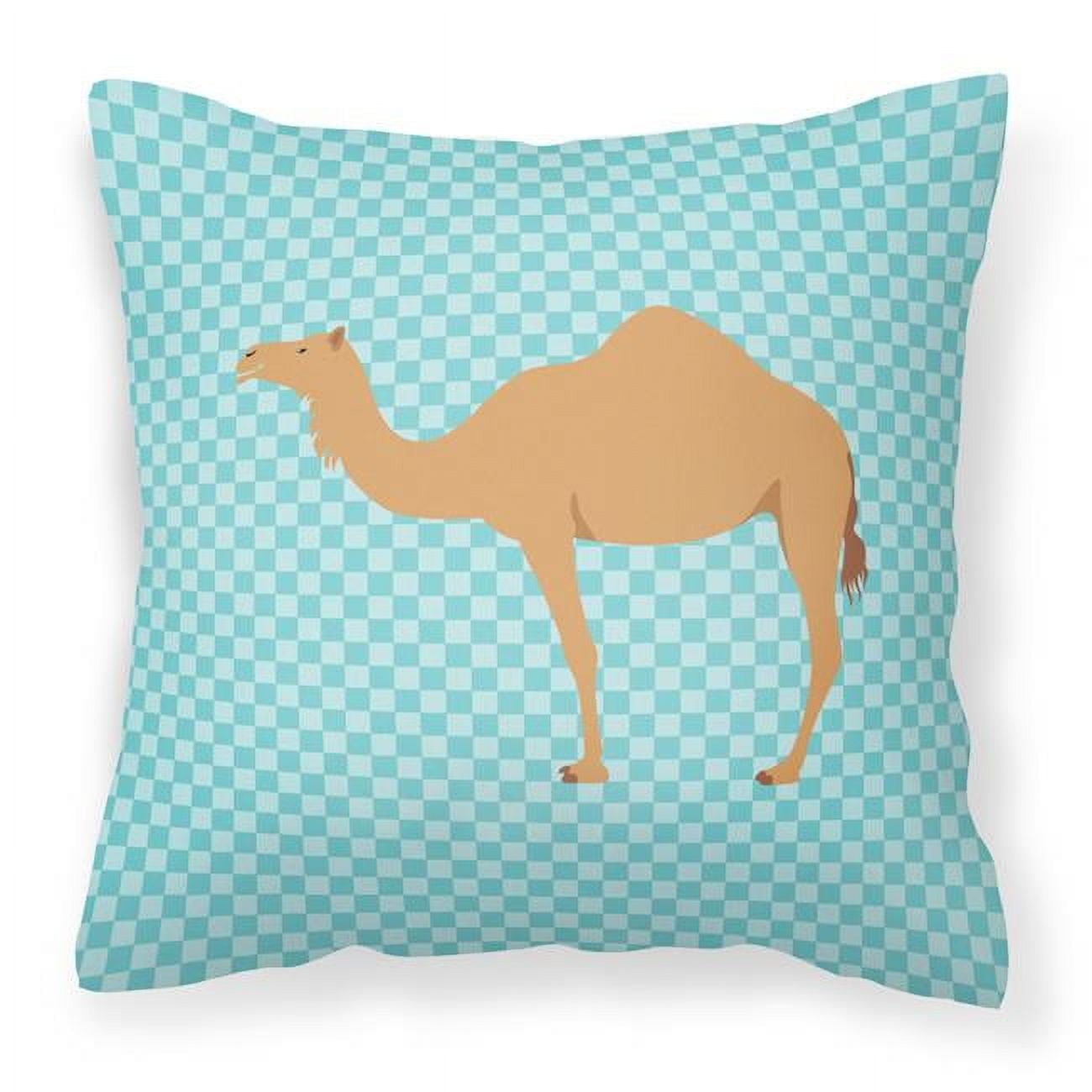 Arabian Camel Dromedary Blue Check Fabric Decorative Pillow - 18 x 18 in.
