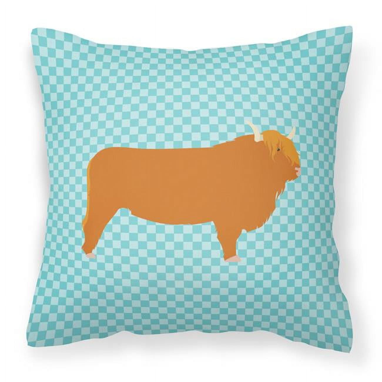 Highland Cow Blue Check Fabric Decorative Pillow - 18 x 18 in.