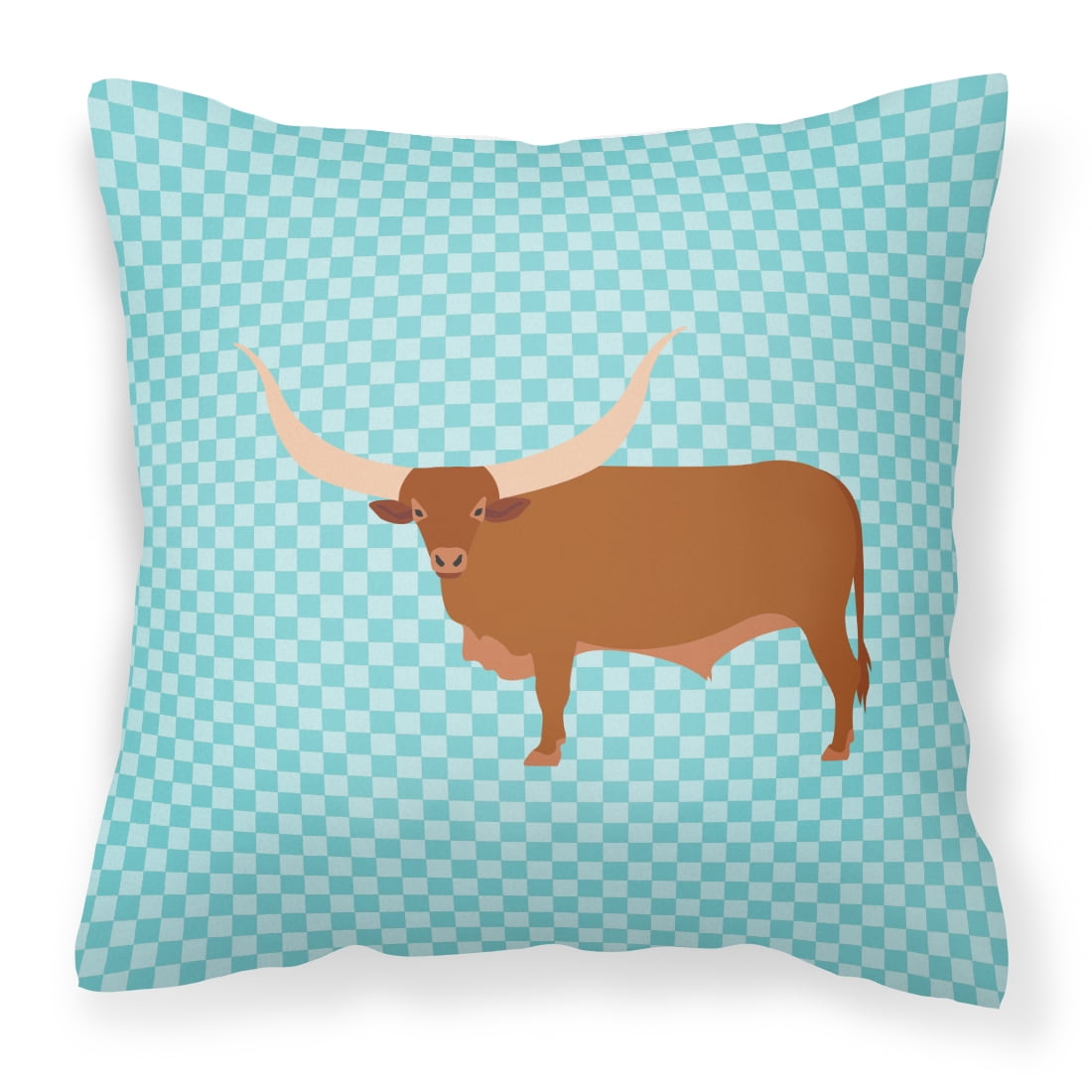 Ankole-Watusu Cow Blue Check Fabric Decorative Pillow - 18 x 18 in.