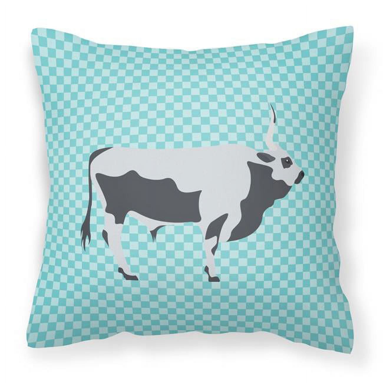 Hungarian Grey Steppe Cow Blue Check Fabric Decorative Pillow - 18 x 18 in.