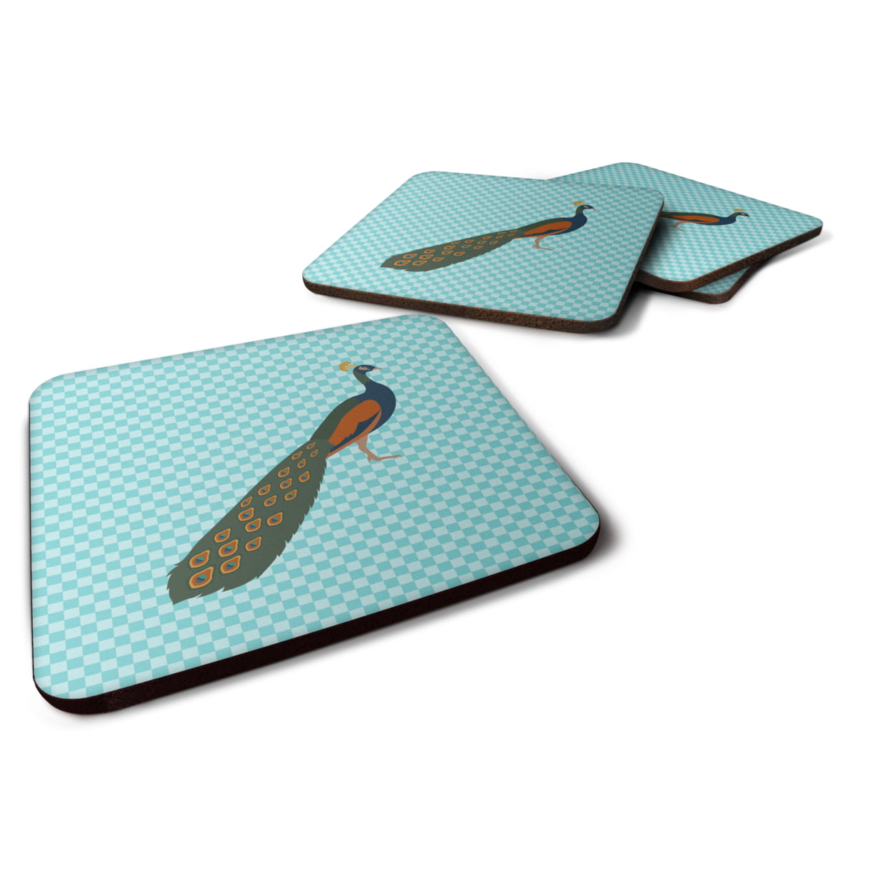 Indian Peacock Peafowl Blue Check Foam Coaster, Set of 4