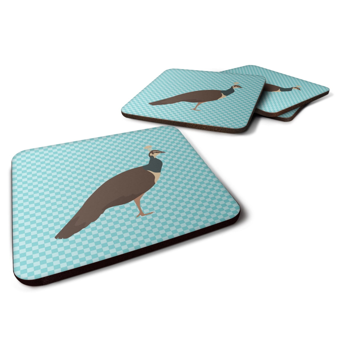 BB8101FC Indian Peahen Peafowl Blue Check Foam Coaster, Set of 4