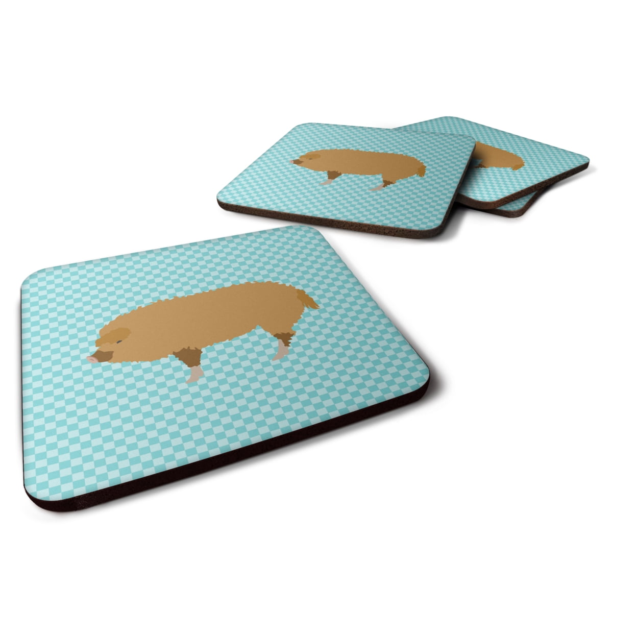 Hungarian Mangalica Pig Blue Check Foam Coaster - Set of 4