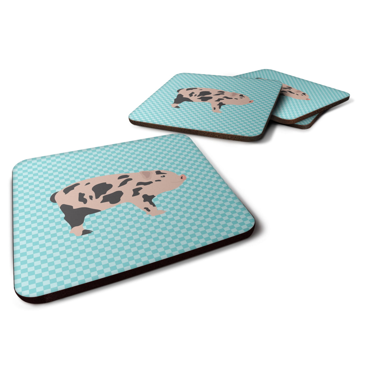 Mini Miniature Pig Blue Check Foam Coaster, Set of 4