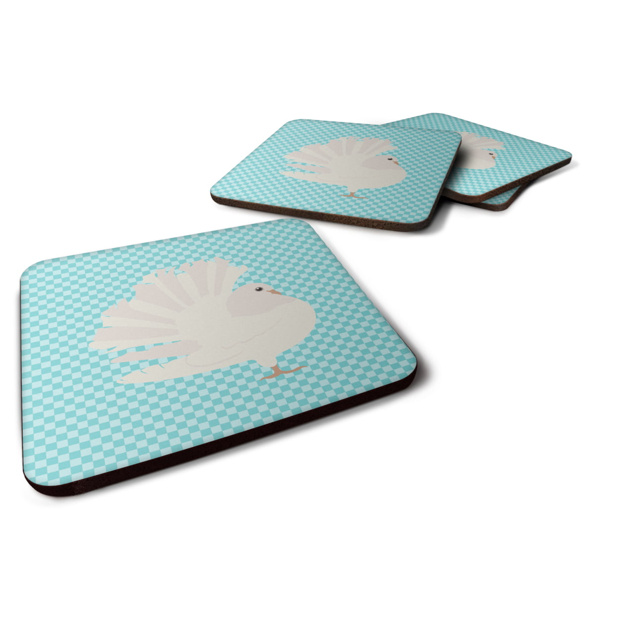 Silver Fantail Pigeon Blue Check Foam Coaster, Set of 4