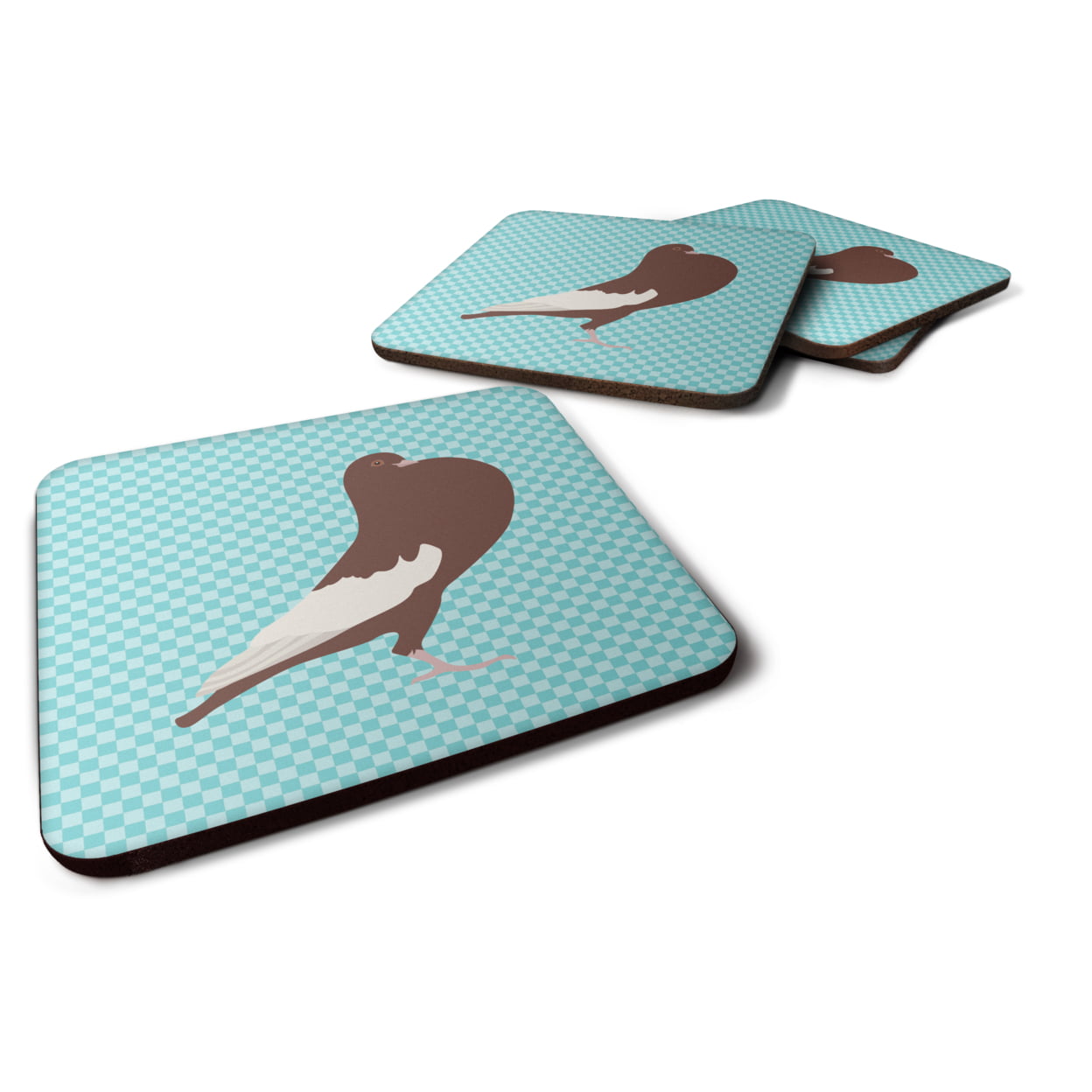English Pouter Pigeon Blue Check Foam Coaster - Set of 4