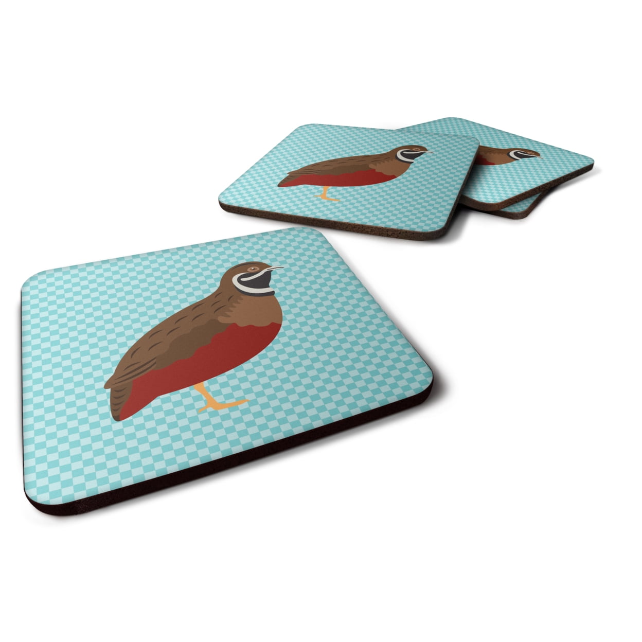 BB8130FC Chinese Painted or King Quail Blue Check Foam Coaster, Set of 4