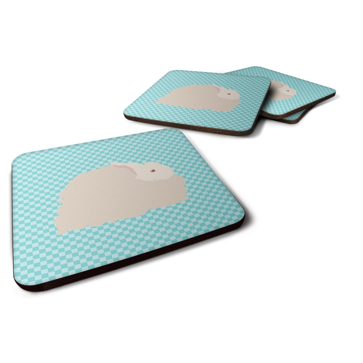 Fluffy Angora Rabbit Blue Check Foam Coaster - Set of 4