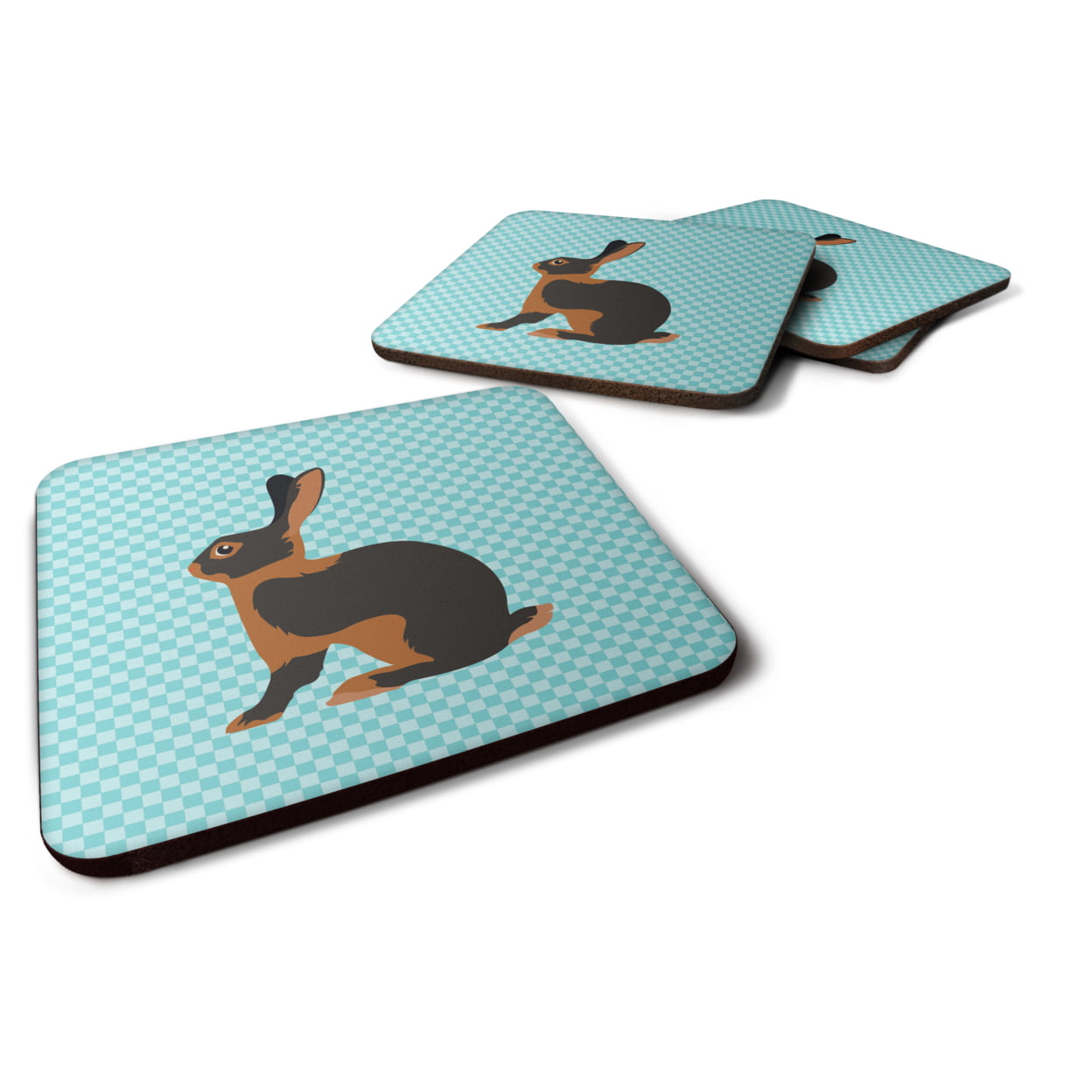 Tan Rabbit Blue Check Foam Coaster - Set of 4