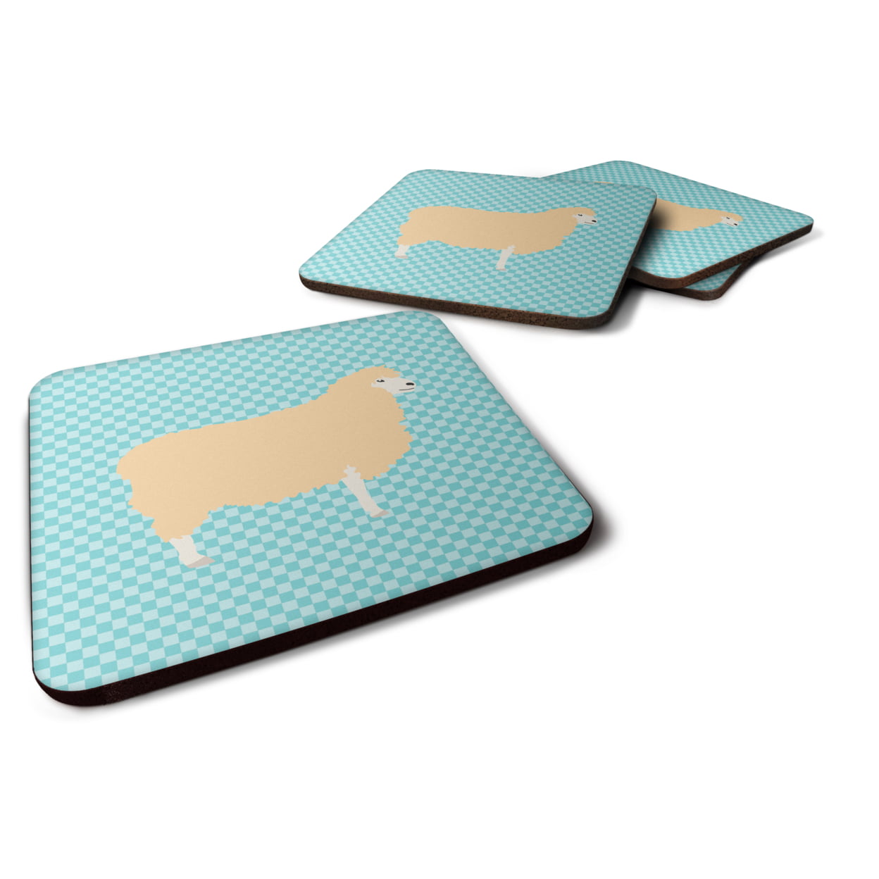 English Leicester Longwool Sheep Blue Check Foam Coaster, Set of 4