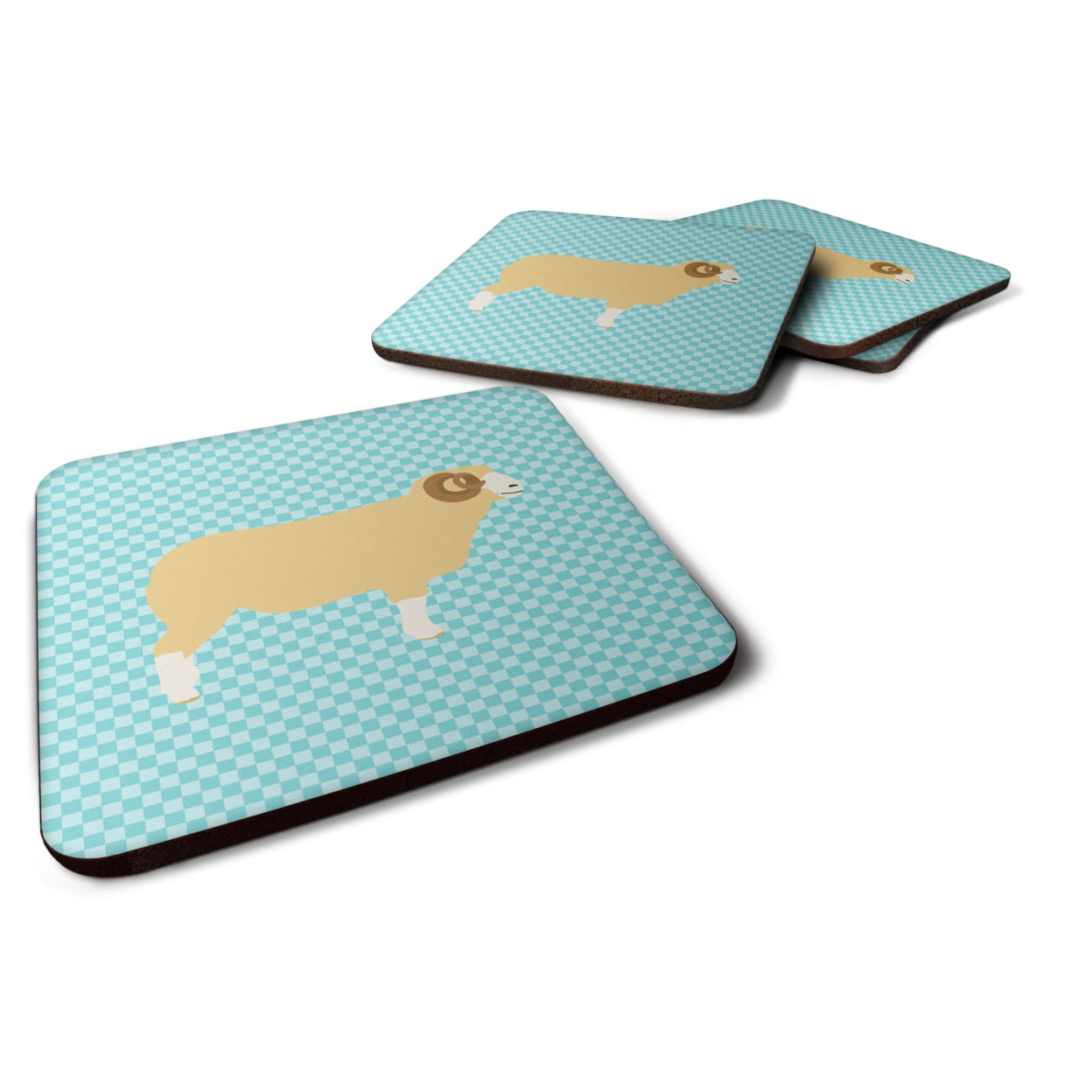 Horned Dorset Sheep Blue Check Foam Coaster, Set of 4