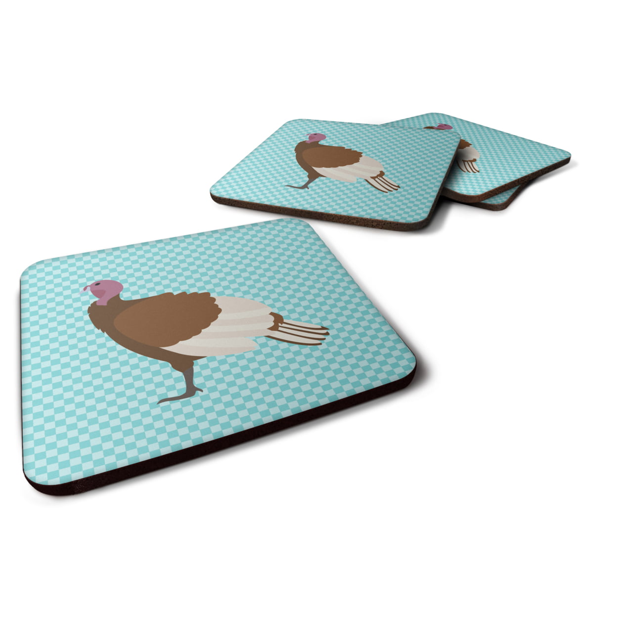 Bourbon Red Turkey Hen Blue Check Foam Coaster - Set of 4