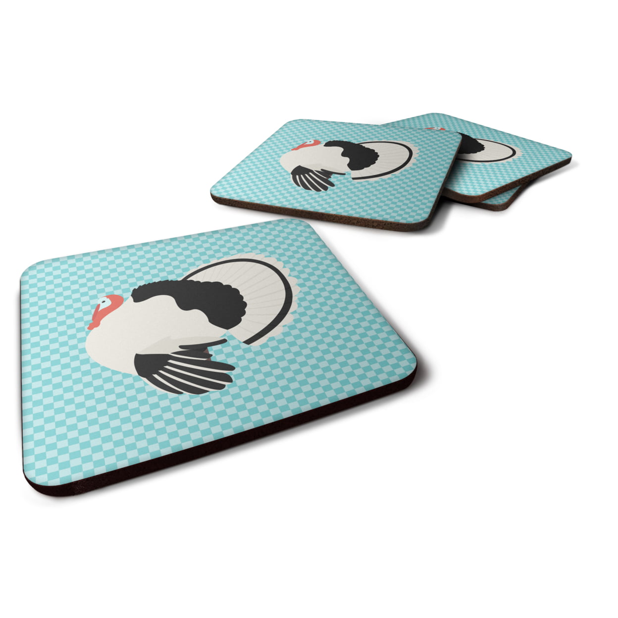 BB8162FC Royal Palm Turkey Blue Check Foam Coaster, Set of 4