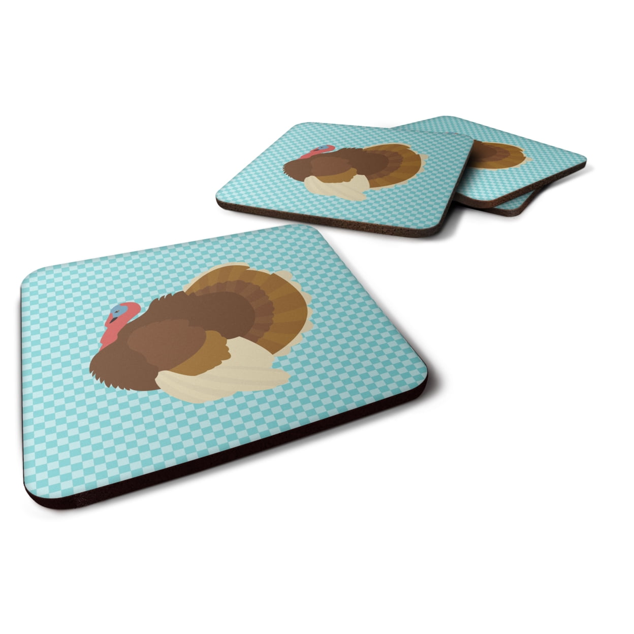 French Turkey Dindon Blue Check Foam Coaster, Set of 4