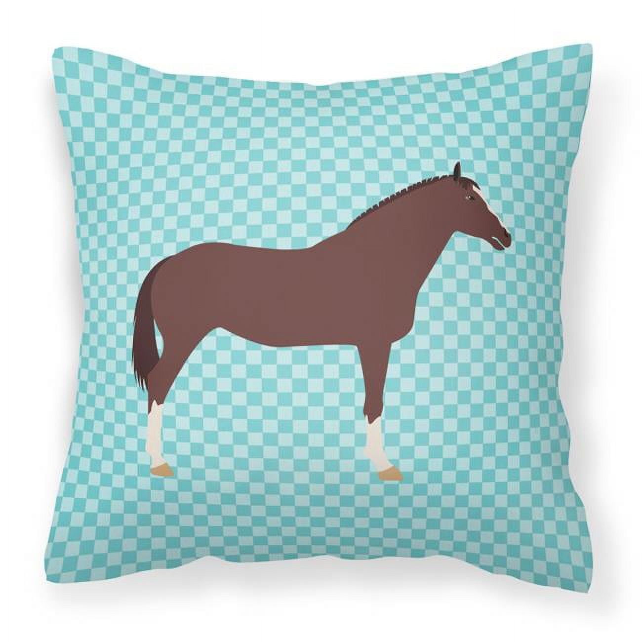 English Thoroughbred Horse Blue Check Fabric Decorative Pillow - 18 x 18 in.